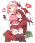  2girls ;q bang_dream! black_gloves black_legwear blush breasts christmas fur-trimmed_gloves fur_trim gloves green_eyes hands_up hat heart hug low_twintails medium_breasts merry_christmas multiple_girls one_eye_closed outline pants pink_hair pink_hat pink_shirt pink_skirt pom_pom_(clothes) re_ghotion red_hair red_hat red_pants santa_hat shirt sitting skirt sleeveless spoken_blush spoken_heart spoken_sweatdrop sweatdrop thighhighs tongue tongue_out twintails udagawa_tomoe uehara_himari w white_outline 