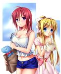  air bag blonde_hair blue_eyes box breasts casual cleavage dinosaur dress hair_ribbon kamio_haruko kamio_misuzu large_breasts long_hair multiple_girls navel nfr ponytail purple_eyes red_hair ribbon short_shorts shorts stuffed_animal stuffed_dinosaur stuffed_toy 