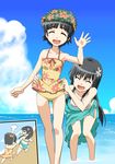  aqua_sarong bikini black_hair chasing closed_eyes day headdress kayaku_(banban) long_hair multiple_girls ocean one-piece_swimsuit open_mouth outdoors sarong saten_ruiko short_hair skirt skirt_flip standing swimsuit to_aru_kagaku_no_railgun to_aru_majutsu_no_index uiharu_kazari wading water 