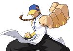  artist_request baggy_pants baseball_cap braid bridal_gauntlets brown_hair chinese_clothes clenched_hands fighting_stance hat hat_over_eyes hidden_eyes highres male_focus muscle pants simple_background single_braid sleeveless solo street_fighter street_fighter_iii_(series) street_fighter_zero_(series) yun_lee 