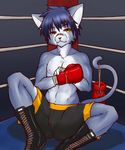  blue_hair boxer boxing_gloves clothing feline hair hi_res looking_at_viewer male mammal nipples shoes shorts sitting solo topless yellow_eyes 