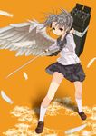  daiakuji dual_wielding feathers full_body holding junly loafers multishot_rocket_launcher orange_eyes pleated_skirt rocket_launcher school_uniform serafuku shadow shoes short_hair short_twintails silver_hair simple_background single_wing skirt solo standing sword takega_satsu twintails weapon white_legwear wings 