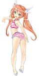  aqua_eyes ass bad_id bad_pixiv_id bikini dodai_shouji from_behind full_body head_wings highres long_hair looking_at_viewer looking_back mascot mikan_(pc_angel_neo) open_toe_shoes orange_hair pc_angel pc_angel_neo pink_bikini shiny shiny_clothes shiny_skin shoes smile solo swimsuit twintails white_background 