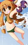  1girl alcohol armpit armpits artist_request barefoot belly_button bikini brown_eyes brown_hair female horns ibuki_suika loli long_hair navel oni open_mouth orange_hair sake solo standing swimsuit touhou 