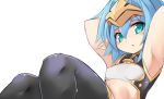  1girl armpits arms_up bangs black_legwear blue_hair blush breasts eyebrows_visible_through_hair green_eyes hair_between_eyes hellmatio karukan_(monjya) parted_lips pointy_ears shinrabanshou simple_background sitting small_breasts solo thick_eyebrows thighhighs white_background 