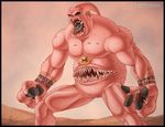  chest_mouth dragon_ball dragon_ball_z fangs hand_mouth majin_buu muscle no_humans nude open_mouth pink_skin red_eyes signature solo tattoo 