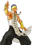  armpits baggy_pants baseball_cap braid bridal_gauntlets brown_hair capcom_vs_snk capcom_vs_snk_2 chinese_clothes hat highres male_focus muscle nishimura_kinu official_art pants single_braid sleeveless solo street_fighter street_fighter_iii_(series) yun_lee 