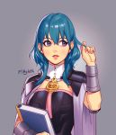  1girl armor blue_eyes blue_hair book bracelet breasts byleth cape fire_emblem fire_emblem:_fuukasetsugetsu grey_background hair_ornament jewelry long_hair looking_at_viewer mella nintendo short_hair simple_background solo uniform white_background 
