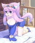  1girl ????? all_fours animal_ears artist_request aruurara bed big_breasts blush breasts character_request chocalate_gelato chocolat_gelato cleavage clothed clothing cyber_connect_2 female furry hair hi_res highres huge_breasts little_tail_bronx looking_at_viewer purple_eyes purple_hair smile solatorobo solo tail 