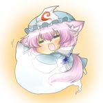  :3 =_= animal_ears bad_id bad_pixiv_id blue_dress blush chibi closed_eyes dog_ears dog_tail dress drooling fang ghost hat open_mouth pink_hair rebecca_(keinelove) saigyouji_yuyuko short_hair solo tail touhou 