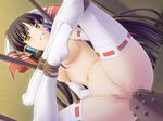  1girl ail_soft anal anal_insertion anal_object_insertion bdsm bondage bound brown_hair censored clenched_teeth feet game_cg japanese_clothes kouhou_miko_junketu_no_kouiku_shimai long_hair miko nude object_insertion pussy rope solo teeth yellow_eyes 