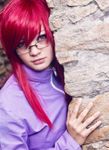  bangs cosplay female glasses karin_(naruto) karin_(naruto)_(cosplay) looking_at_viewer naruto naruto_shippuuden photo red_eyes red_hair solo zipper 