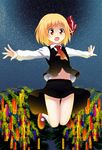  ascot blonde_hair child dress_shirt fang hair_ribbon highres kawazuishi midriff navel open_mouth outstretched_arms red_eyes ribbon rumia shirt short_hair skirt skirt_set solo spread_arms touhou vest 