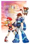  1girl aircraft airship bad_proportions bike_shorts blonde_hair boots brown_hair data_(rockman_dash) green_eyes hat headwear_removed helmet helmet_removed monkey navel red_shorts robot_joints rock_volnutt rockman rockman_dash roll_caskett royce_southerland shorts 
