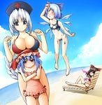  4girls anger_vein angry arm_up bare_legs bare_shoulders barefoot beach bikini blue_eyes blue_hair blush bow braid breast_rest breasts breasts_on_head brown_hair casual_one-piece_swimsuit cirno cleavage closed_eyes cloud crossed_arms day dissolving_clothes dutch_angle flying frilled_swimsuit frills hair_bow hakurei_reimu hat height_difference ice ice_wings kintarou_(kintarou's_room) large_bow large_breasts long_hair melting multiple_girls navel nurse_cap o3o one-piece_swimsuit outdoors red_eyes remilia_scarlet sand single_braid sitting sky spit_take spitting sunglasses sweat swimsuit thigh_gap touhou v-shaped_eyebrows very_long_hair wardrobe_malfunction wings yagokoro_eirin 