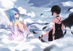  ahoge angel_wings ankle_lace-up bad_id bad_pixiv_id bare_shoulders barefoot black_eyes black_hair black_wings blue_eyes blue_hair choker cloud cross-laced_footwear denpa_onna_to_seishun_otoko feathers from_behind looking_back maekawa multiple_girls short_hair single_wing sitting touwa_erio white_wings windyakuma wings 