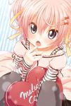  black_legwear blue_eyes blush dress fang finger_to_mouth hair_ornament hair_ribbon hairclip hairpin heart heart_pillow long_sleeves open_mouth original pantyhose pillow pink_dress pink_hair ribbon shirt short_hair sitting solo striped striped_background striped_shirt yukiu_kon 