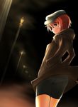  bad_id bad_pixiv_id bike_shorts black_shorts blue_eyes cabbie_hat from_behind hands_in_pockets hat isabelle_du_monceau_de_bergendal lamppost looking_back night noble_witches orange_hair pantylines shorts solo ulrich_(tagaragakuin) world_witches_series 