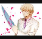  bad_id bad_pixiv_id blonde_hair blood+ formal highres letterboxed male_focus murakami_yuichi necktie red_eyes solo solomon_goldsmith striped suit sword weapon 