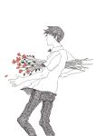  1boy arrow arrow_in_body black_hair black_pants ceruleanwax collared_shirt cowboy_shot facing_away flower from_side highres injury male_focus original pants red_flower shirt short_hair short_sleeves simple_background solo white_background white_shirt 