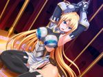  1girl aisis_lorenbach angry armor armpits arms_up bdsm black_gloves black_legwear black_panties blonde_hair blue_eyes blush bondage bound breastplate breasts cage chains divus_rabies dutch_angle elbow_gloves female fingerless_gloves fujii_kazuha game_cg gloves hair_between_eyes indoors large_breasts legs long_hair looking_at_viewer open_mouth panties pantyshot pouch psy-chs shiny shiny_skin sitting skirt sleeveless solo thighhighs underwear upskirt very_long_hair 