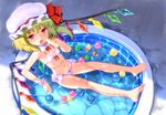  ball barefoot bikini blonde_hair covered_nipples detached_collar feet flandre_scarlet flat_chest food from_above full_body hat navel okina_ika open_mouth popsicle red_eyes short_hair side_ponytail solo swimsuit tongue touhou wading_pool water wet white_bikini wings wrist_cuffs 