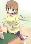  ace aioi_yuuko amaa_(chou_dennou_jidai) bad_id bad_pixiv_id blush card holding holding_card house_of_cards kneeling lying_card nichijou playing_card solo trembling 