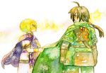  1girl ahoge ami_(cadenza) belt blonde_hair brown_hair cape garcia_(golden_sun) gloves golden_sun long_hair looking_back ponytail shiba_(golden_sun) short_hair traditional_media watercolor_(medium) wristband 