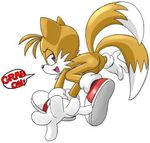  balls bent_over canine dialog dipstick_tail fox fur grab_on is_(artist) male mammal miles_prower multiple_tails plain_background sega sneakers solo sonic_(series) tan_fur text walking white_background white_socks 