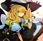  akishima_kei bad_id bad_pixiv_id blonde_hair braid green_eyes hair_ribbon hat kirisame_marisa long_hair one_eye_closed ribbon shirt skirt smile solo star touhou 