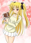  bad_id bad_pixiv_id blonde_hair blush brown_hair character_doll collarbone fate_testarossa hair_ribbon highres holding jewelry kakitsubata_tsukune long_hair lyrical_nanoha mahou_shoujo_lyrical_nanoha mahou_shoujo_lyrical_nanoha_the_movie_1st necklace red_eyes ribbon shirt skirt solo striped striped_shirt takamachi_nanoha twintails 