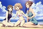  absurdres barefoot beach bikini black_hair blush breasts brown_eyes brown_hair cleavage cloud competition_swimsuit day feet hair_ornament hairclip hanasaku_iroha highres kneeling legs matsumae_ohana medium_breasts multiple_girls non-web_source nyantype ocean official_art one-piece_swimsuit open_mouth oshimizu_nako outdoors polka_dot polka_dot_bikini polka_dot_swimsuit scan short_hair side-tie_bikini sky suganuma_fumihiko swimsuit tsurugi_minko twintails water 