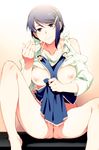  apron bare_shoulders beckoning black_eyes blue_hair breasts censored collarbone come_hither hair_ornament hairclip medium_breasts nipples no_panties original pubic_hair pussy shirt_lift short_hair sleeves_rolled_up smile solo spread_legs takemura_sesshuu 