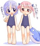  2girls blue_eyes blue_hair blush child flat_chest hand_holding ikkyuu multiple_girls oekaki one-piece_swimsuit pink_eyes pink_hair shark simple_background swimsuit translation_request twintails 
