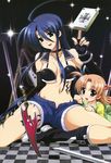  absurdres ahoge bible_of_silver_cross bikini_top blue_hair book boots breasts brown_hair child choker cleavage curren_of_huckebein elbow_gloves fingerless_gloves gloves hair_bobbles hair_ornament higa_yukari highres knife legs lipstick long_hair lyrical_nanoha mahou_senki_lyrical_nanoha_force makeup medium_breasts multiple_girls non-web_source nyantype official_art purple_eyes rapier red_eyes scan shorts stella_of_huckebein sword tattoo very_long_hair weapon 