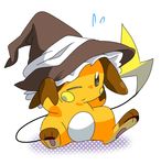  clothed_pokemon cosplay ears eromame gen_1_pokemon hat kirisame_marisa kirisame_marisa_(cosplay) no_humans one_eye_closed pokemon pokemon_(creature) raichu simple_background sitting solo sweat tail touhou white_background witch_hat 