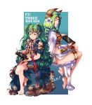  2girls barefoot braid breastplate closed_mouth conope copyright_name dated fire_emblem fire_emblem:_fuukasetsugetsu flower full_body green_eyes green_hair hair_flower hair_ornament highres long_hair looking_back mamkute multicolored_hair multiple_girls nintendo nintendo_switch parted_lips pointy_ears sitting smile sothis tiara twin_braids 