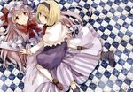  alice_margatroid blonde_hair blue_eyes capelet checkered checkered_floor crescent hairband hat kneeling lying multiple_girls on_back patchouli_knowledge purple_eyes purple_hair rin_(royal) short_hair touhou 