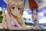  :q absurdres barefoot beach beach_umbrella bikini black_hair blush breasts brown_eyes brown_hair cleavage cloud day feet food food_on_face hair_ornament hairclip hanasaku_iroha highres ice_cream ice_cream_on_face kneeling legs_up lying matsumae_ohana medium_breasts megami multiple_girls non-web_source official_art on_stomach outdoors parasol polka_dot polka_dot_bikini polka_dot_swimsuit scan shade short_hair sky suganuma_fumihiko swimsuit tan tanline tongue tongue_out tsurugi_minko umbrella 