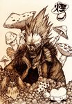  absurdres dorohedoro en_(dorohedoro) highres horns kikurage_(dorohedoro) male_focus mask monochrome mushroom no_eyebrows tongue traditional_media 