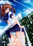  arm_support ass barefoot blue_eyes blush brown_hair cloud day feet fence hair_ribbon highres jpeg_artifacts looking_back mikuni_mizuki open_mouth original panties pantyshot pool_ladder ribbon school_uniform serafuku skirt sky soles solo striped striped_panties toes twintails underwear 