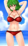  armpits arms_up bad_id bad_pixiv_id bare_shoulders bikini blush breasts cleavage collarbone green_hair groin kazami_yuuka large_breasts navel open_mouth red_eyes short_hair side-tie_bikini smile solo swimsuit touhou unadare 