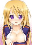  blonde_hair blush breast_hold breasts charlotte_dunois cleavage collarbone infinite_stratos jacket large_breasts long_hair mikuni_mizuki open_mouth purple_eyes solo track_jacket 