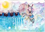  :d animal_ears artist_name blue_eyes bow bunny_ears checkered crescent_moon dated ferris_wheel gloves hair_bow hat horse horseback_riding moon mosho open_mouth original pantyhose pink_hair riding roller_coaster signature smile solo traditional_media water watercolor_(medium) white_gloves 