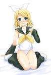  1girl artist_request bed blonde_hair blue_eyes blush detached_sleeves hair_ornament jpeg_artifacts kagamine_rin kneeling macfist no_pants open_mouth panties ribbon rin_kagamine short_hair sitting solo underwear vocaloid white_panties 