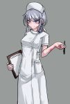  1girl bare_arms burn_scar dorei_to_no_seikatsu_~teaching_feeling~ eyebrows_visible_through_hair grey_background grey_hair hair_ornament hair_ribbon hairclip hat highres holding holding_notepad holding_pen long_hair looking_at_viewer notepad nurse nurse_cap official_art older pen ponytail purple_eyes ray-k ribbon scar short_sleeves simple_background smile solo sylvie_(dorei_to_no_seikatsu) translation_request white_ribbon 