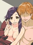  1boy 1girl [c]:_control:_the_money_of_soul_and_possibility areolae bed breasts brown_eyes earrings facil_hair facila_hair femla hanabi_ikuta happy jewelry large_breasts lipstick long_hair looking_at_viewer makeup male mole nipples no_eyes orange_hair parumezan peace pink_lipstick purple_hair simple_background smile teeth v 