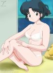  arekusanderu black_eyes blue_hair breasts cleavage lingerie looking_at_viewer medium_breasts ranma_1/2 sitting solo tendo_akane underwear 