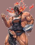  1boy abs apron bara chest chest_hair cum ejaculation erection fire glowing glowing_eyes helmet highres lander_(randa) looking_at_viewer male_focus muscle naked_apron nipples pectorals penis red_eyes shirtless solo surtr_(tokyo_houkago_summoners) testicles thick_thighs thighs tokyo_houkago_summoners upper_body veins 