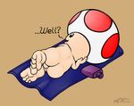  balls barefoot beach butt hindpaw ket-ralus ket_ralus lotion male mario_bros mushroom mushroom_retainer nintendo nude paws presenting reclining seaside smb solo sunscreen super_mario_bros. toad toad_(mario) towel video_games 